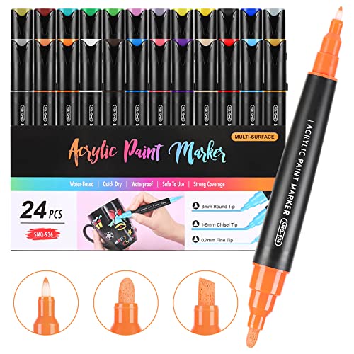 Coogert 24 Colors Three Tips Acrylic Paint Markers, Fine Medium Chisel Tip Acrylic Paint Pens for Rock Painting, Wood, Canvas, Ceramic, Fabric, Arts and Crafts for Adults - style: Three Tip