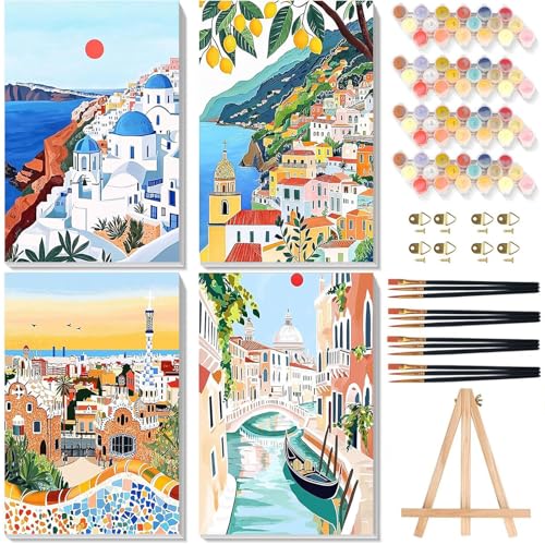 4 Pack Paint by Numbers for Adults with Framed Canvas - with Wooden Easel, Scenery-Cityscape Paint by Number on Canvas, Landscape Acrylic Oil Painting Kits with Brushes for Home Wall Decor (8x12 inch) - color: BKH2362+BKH2363+BKH2364+BKH2365