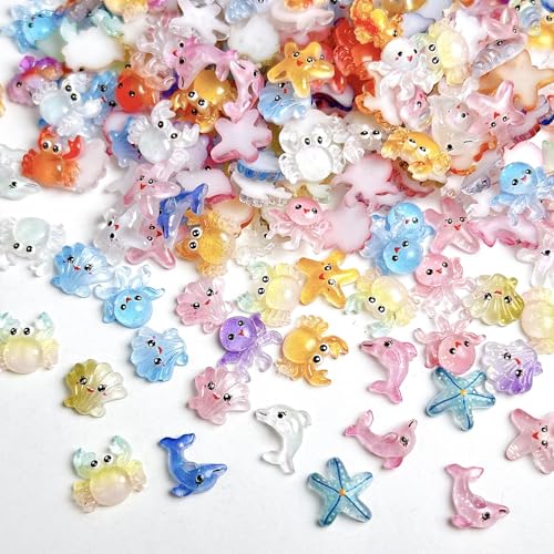 200Pcs Ocean Mini Resin Nail Art Charms Tiny Sea Animal Nail Rhinestones Shell Octopus Starfish Crab Nail Charm Cute Ombre Seahorse Nail Diamond 3D Colorful Summer Nail Supplies for Beach DIY Manicure - color: yellow