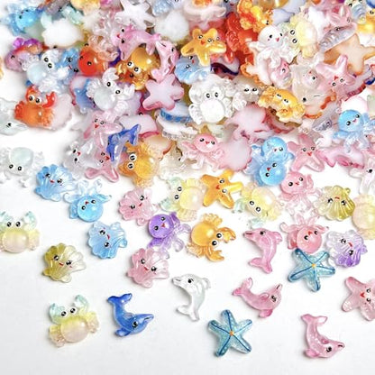 200Pcs Ocean Mini Resin Nail Art Charms Tiny Sea Animal Nail Rhinestones Shell Octopus Starfish Crab Nail Charm Cute Ombre Seahorse Nail Diamond 3D Colorful Summer Nail Supplies for Beach DIY Manicure - color: yellow