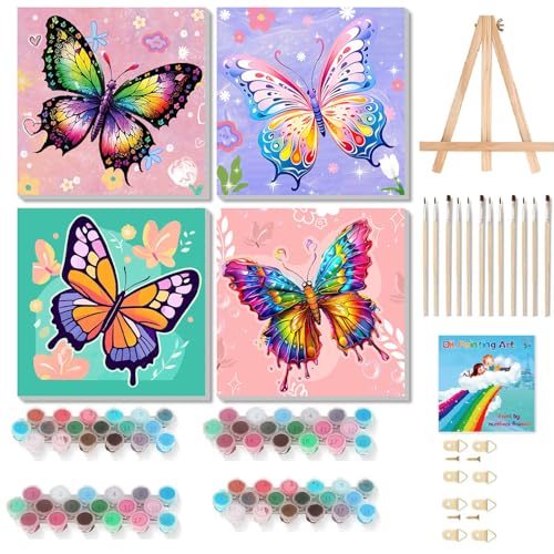 WEMEON 4 Pack Paint by Numbers Kit for Kids 4-8-12 with Framed, Butterfly Kids Small Paint by Numbers kit, Framed Mini Painting by Numbers for Kid Painting Set(8x8Inch) - color: ETYH52-53-54-55-US（8x8inch)