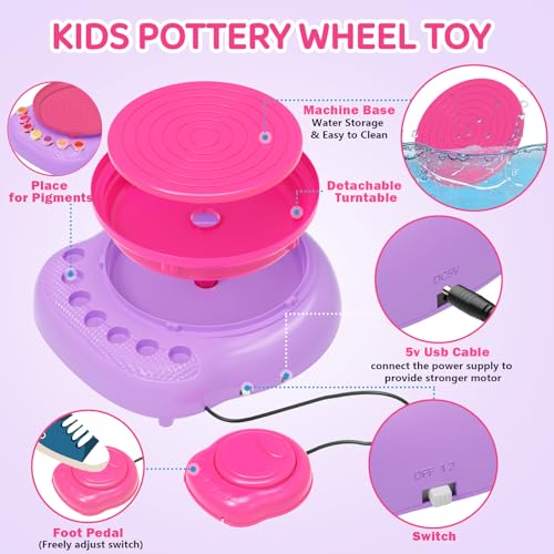 Cmiolacuna Pottery Wheel for Kids, Complete Kit with Air-Dry Clay，Ages 8-12 | Beginner pottery kit with air-dry clay, 12 paints, clay tools and apron - no kiln needed, screen-free craft gift ages 8-12 - color: Pink
