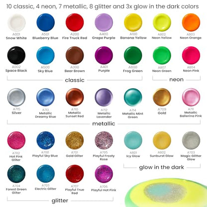 ARTEZA 32 Tempera Paint, 2.03oz/60ml Bottles, Washable Tempera Paint for Kids, Includes Neon, Glitter & Glow-in-The-Dark