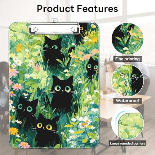 Plastic Cute Clipboard Low-Profile Metal Clip, A4 Letter Size 9 x 12.5 in, 8.5 x 11 Paper Clip Board for Teachers, Nurses, Classroom,Cute Black Cats - color: Cute Black Cats