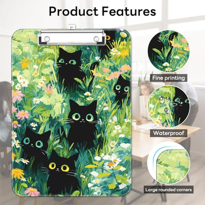 Plastic Cute Clipboard Low-Profile Metal Clip, A4 Letter Size 9 x 12.5 in, 8.5 x 11 Paper Clip Board for Teachers, Nurses, Classroom,Cute Black Cats - color: Cute Black Cats