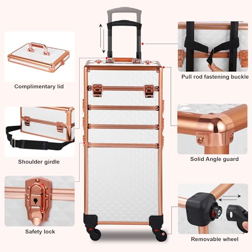 Somduy Rolling Makeup Case, Makeup Train Case with Lid, 5 in 1 Cosmetology Case on Wheels, Christmas Gift, Large Makeup Organizers, Profesional Cosmetic Case for Salon Barber, White Gold - color: White Gold