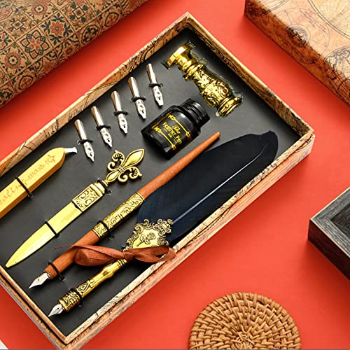 Joyeee Quill Pen Calligraphy Pen Set, Feather Dip Pen Set with Wood Dip Pen, 17 Different Size Comic Pen Nibs, Metal Sealing Wax Stamp and Dip Pen Holder, Wax Seal Sticks, Black Ink, Navy Blue - color: #109 Navy blue