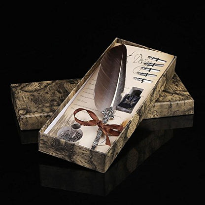 Calligraphy Pen Set Writting Quill Feather Pen 100% Hand Craft Real Feather and Stainless Steel Nib Best Antique Executive，Contains Ink no Need to Purchase Additional Ink (Black)