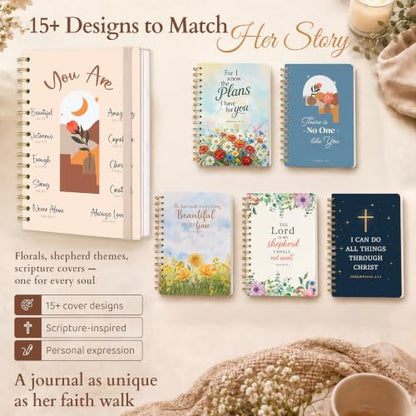 Hardcover Blank Christian Notebook – 140 Pages – You Are | Lined Pages with Bible Verse Cover – Inspirational Writing Spiral Notebook for Bible Study and Prayer - color: Beige