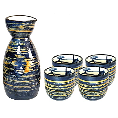 5 Pieces Japanese Sake Set 200ml Sake Bottle 50ml Saki Cup Set Traditional Hand Painted Design Porcelain Pottery Ceramic Soju Cups Sake Glasses (Blue Wise)