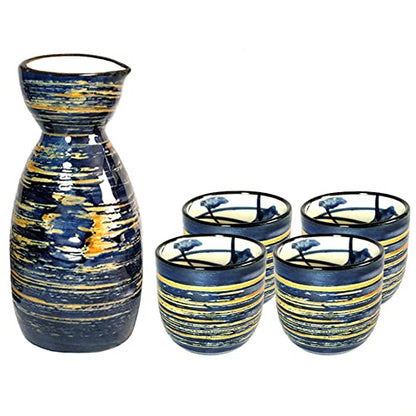 5 Pieces Japanese Sake Set 200ml Sake Bottle 50ml Saki Cup Set Traditional Hand Painted Design Porcelain Pottery Ceramic Soju Cups Sake Glasses (Blue Wise)