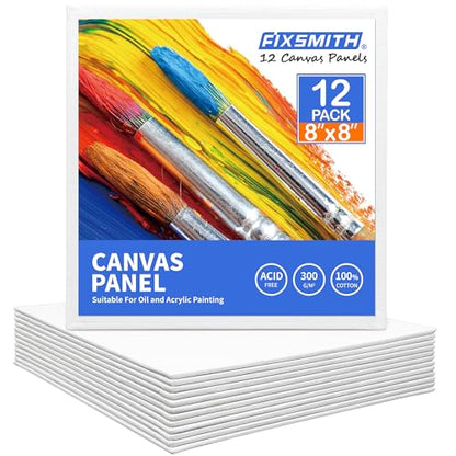 FIXSMITH Canvas Boards for Painting 8x8 Inch, Super Value 12 Pack White Blank Canvas Panels, 100% Cotton Primed, Painting Art Supplies for Professionals, Hobby Painters, Students & Kids - size: 8"×8"