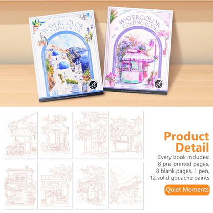 Mulyric 2-Pack Watercolor Painting Books for Adults & Beginners - All-in-One Creative Stress Relief Art Kit with 3-Fold Pad, 32 Pre-Printed Pages, 24 Colors & 2 Brushes (European + Serene Scenery) - color: European + Serene Scenery
