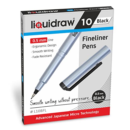 Liquidraw Black Colored Fineliner Pens, Fine 0.5mm Tip, Set of 10 | Fade-Resistant Ink For Writing, Drawing, Sketching, Handwriting, Calligraphy and Illustration, With Storage Wallet - color: Black (Pack of 10)