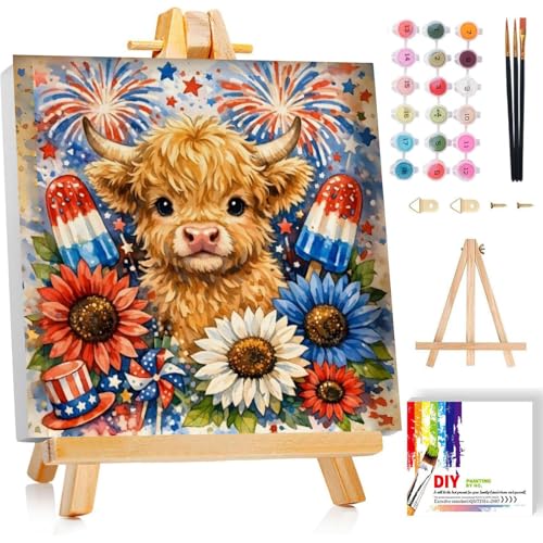 Gemozaic 4th of July Framed Paint by Numbers Kit for Adults and Kids 8-12, Patriotic Highland Cow Paint by Number Kits for Adult for Independence Day Gift, Home, Office, Wall Decor, 8 x 8 Inch - color: BKH2338