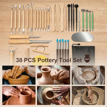 Amrules Pottery Tools, 38 PCS Polymer Clay Sculpting Tools Set, Ceramic Kit for Beginner, Adults, Pottery Craft, Carving, Drawing, Molding, Modeling, Shaping - color: Lightyellow-38Pcs