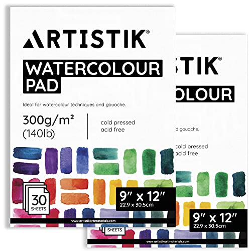 ARTISTIK 12" x 9" Watercolor Pad for Mixed Media Art and Water-Based Mediums – 300gsm(140lb) Acid-Free Cold Pressed Watercolor Paper Pad – 30 Sheets/Pack of 2 - color: Watercolor Paper Pad - 9 x 12 Inch