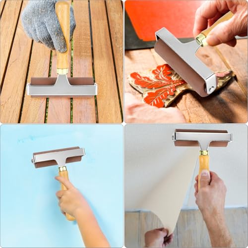 QWORK 4-Inch Soft Rubber Brayer Roller, Brown Solid Ink Roller for Anti-Skid Tape Application, Printmaking, Stamping and Crafting, Heavy Duty Manual Rolling Tool for Even Pressure