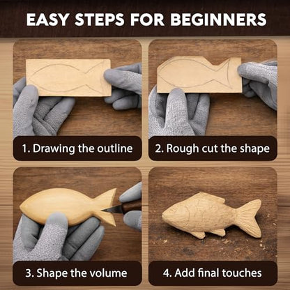 Wood Carving Kit for Beginners - Gift Ready Complete Tools Set | Whittling Kit with 8 Wood Carving Knives, Spoon Carving Tools, Wood Blocks, Gloves, Roll Bag and Sharpening Strop