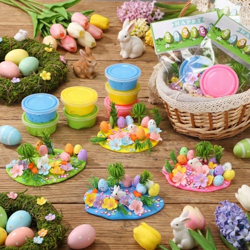 Tinlade 273 Pcs/24 Set Air Dry Clay Spring Crafts with Colorful Modeling Clay Resin Figurines Foam Eggs Flowers Grass Card Bag for Christian Party Favors Stuffers Goodie Bag Filler(Rabbit) - style: Rabbit