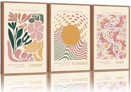 Tinonedraw Boho Flower Market Framed Canvas Wall Art Set, Pink Beige Cute Butterfly Wall Decor, Colorful Abstract Floral Wall Painting, Modern Matisse Art Print for Girls Room Bedroom Office Nursery 16"x24"x3 - color: Boho Flower Market, size: 24L" x 16W"