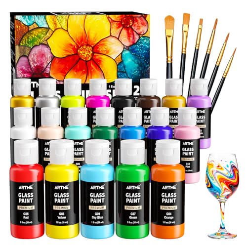 Artme 20 Colors Stained Glass Paint Set with 6 Brushes, Waterproof Permanent Acrylic Ceramic & Glass Painting Kit for Beginners and Artists Painting on Wine Glasses Ceramic Window(30ml/1oz)