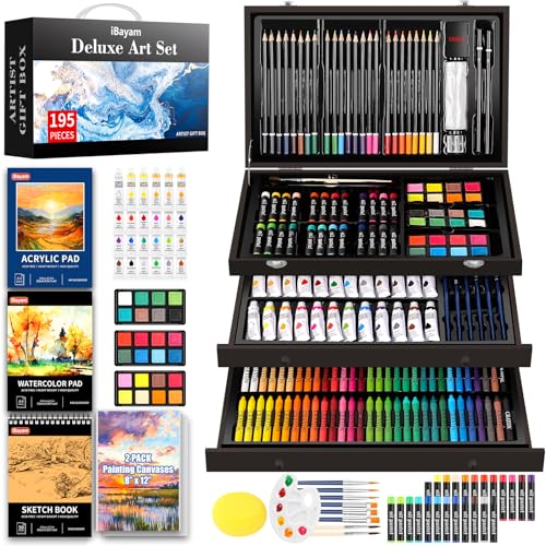 iBayam Deluxe Art Set,195-Pack Artist Gift Box, Arts and Crafts Drawing Painting Kit Art Supplies for Adults Teens Kids, Art Kits with 24 Acrylic Paint, Sketchbook, Canvases, Crayons, Pencils - color: Black