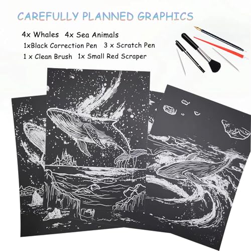 Scratch Art Adult DIY Paint by Scratch Rainbow Scratch Paper Art Colorful Sketches Scratch with 5 Scratch Tool for DIY Craft Gift（Ocean World） - style: Ocean World
