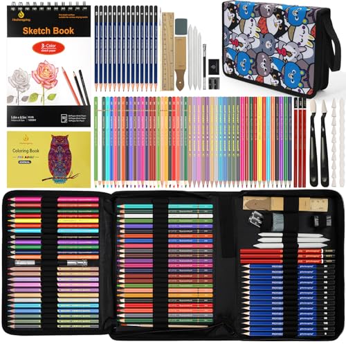 100 Art Supplies Drawing Kit Pro Drawing Supplies Set has 3-Color Sketchbook Coloring book Graphite Colored Charcoal Watercolor Pencils Drawing Set Gifts Case for Artists Adults Family