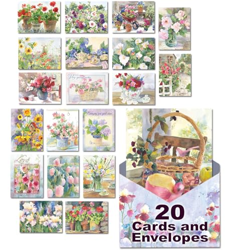 Leanin' Tree The Art of Judy Buswell Floral Greeting Variety for Birthday Cards and Birthday Card Messages, Garden Watercolor All Occasion Set of 20, Includes Cards for All Occasions