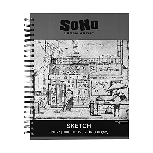 Soho Urban Artist Sketchpad (75lb/110gsm), 100 Sheets of Spiral Bound Sketch Book for Artist Pro & Amateurs, Colored Pencil, Charcoal and Graphite for Sketching, 9x12 - size: 9x12