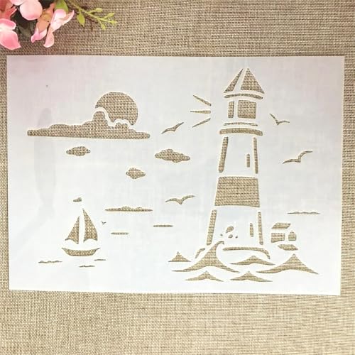 TIAMECH A4 Reusable Lighthouse Sea Sail Stencil for Painting | Beach Sunrise Layering Template, DIY Wall Art, Wood Furniture, Scrapbook & Crafts (8.3x11.7inch) - style: Lighthouse Sea Sail