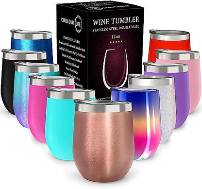 CHILLOUT LIFE 12 oz Stainless Steel Wine Tumbler with Lid - Double Wall Vacuum Insulated Wine Cup Glass Keeping Cold & Hot for Coffee, Champagne, Cocktails, Ice Cream - Rose Gold - color: Rose Gold, style: 1 Pack