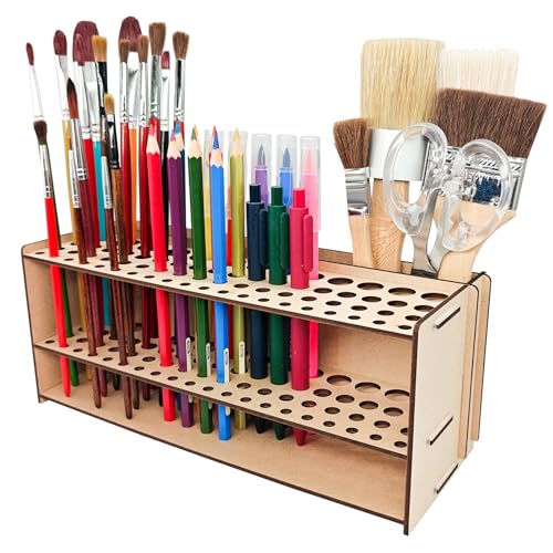 Wooden Paint Brush Holder with Wood Glue 69 Holes MDF Paintbrush Holder Organizer Artist Brush Holder Paint Brush Stand Rack for Artist Brushes Pens Pencils - style: 69 Holes
