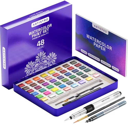 ARTISTRO 48 Color Watercolor Paint Set - Portable Paint Art Kit with Palette and Brush Pens - Travel Water Color Set for Adults, Professionals, Kids - Art and Painting Supplies - Gift Idea - style: 48 colors Full Size