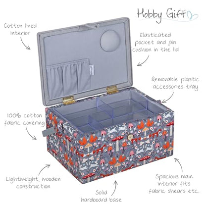 Hobby Gift Medium Sewing Box Organiser, Fabric Covered Storage Box with Handle, Internal Tray, Pin Cushion and Pocket for Sewing, Quilting and Knitting Supplies - color: Toadstool