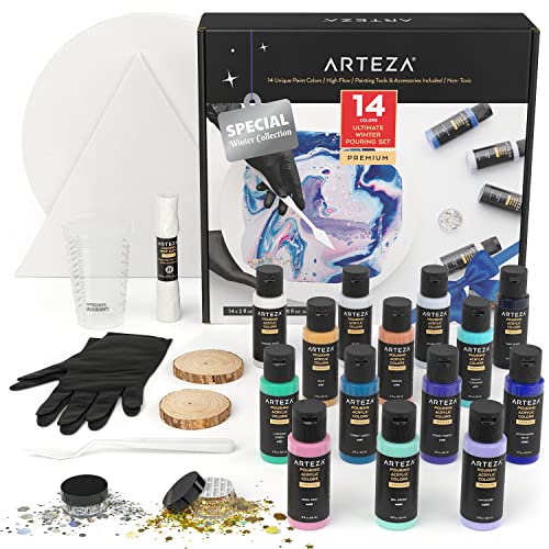 ARTEZA Acrylic Pouring Kit – 14 High-Flow Paints, 2 Stretched Canvases, 2 Wooden Slices, Glitter, Palette Knives & Craft Tools for Acrylic Pouring Projects