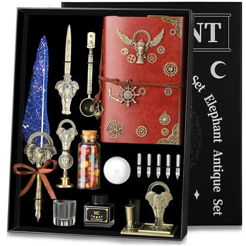 NC Quill Pen Ink Set - Blue, with Pen, Notebook, 5 Nibs, Ink, Holder, Stamp, Spoon, Wax Beads, Envelopes and Paper - Beautiful Gift Calligraphy Set - color: Blue