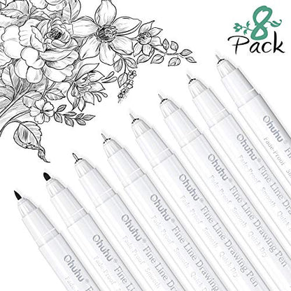 Ohuhu Fineliner Micro Pens 8 Sizes Waterproof & Alcohol-Proof for Sketching Combine with Ohuhu Double Sided Marker Pads Bleedproof