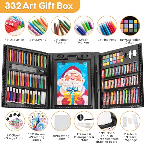 Art Supplies 332 Piece Drawing Art Kit Gifts for Girls Boys Kids Teens Gifts Art Set Case with Double Sided Trifold Easel, Stickers, Sketch Paper, Coloring Book, Pastels, Crayons, Pencils (Black) - color: Black