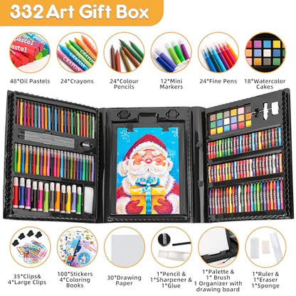 Art Supplies 332 Piece Drawing Art Kit Gifts for Girls Boys Kids Teens Gifts Art Set Case with Double Sided Trifold Easel, Stickers, Sketch Paper, Coloring Book, Pastels, Crayons, Pencils (Black) - color: Black