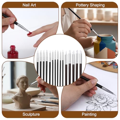 15 Pcs Silicone Sculpting Tools, Flexible Clay Carving Tools Pottery Tool 5 Shapes Head Silicone Paint Brushes Rubber Tip for Handicraft Pottery Artwork Shaping Carving DIY Nail