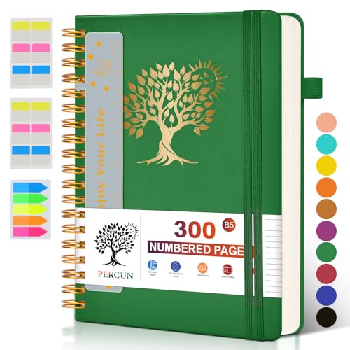PERCUN B5 Spiral Notebook 300 Numbered Lined Pages Hardcover Journal 7"x10" | College Ruled Spiral Bound Notebook with Tabs, Large Leather Journal for Women Men, Work, School, Travel,Writing,Note Taking - color: Green, size: B5 size (7in x 10in)