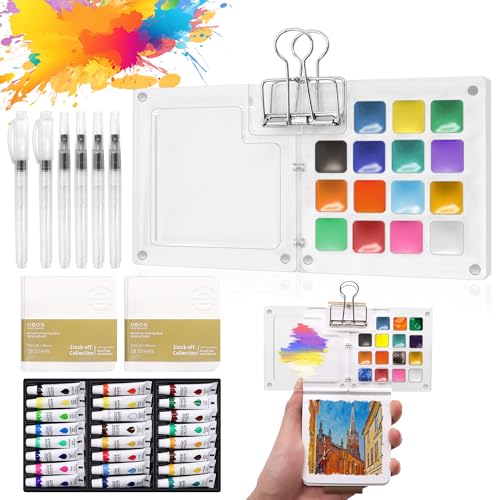 Pocket Watercolor Set 24 Vibrant Colors Travel Art Kit with Palette - color: 15 Grids with 24 Color Acrylic Palette