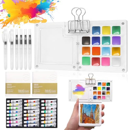 Pocket Watercolor Set 24 Vibrant Colors Travel Art Kit with Palette - color: 15 Grids with 24 Color Acrylic Palette
