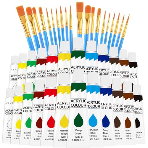 ESRICH Acrylic Paint Set 12 Colors (2 Pack) With 20 Paint Brushes, 24 Acrylic Paints for Adults, Beginner, Professional Artists, Non-Toxic Craft Paint kit for Paper, Canvas, Rock,Wood, Ceramic - color: 12 Color (2 Set), size: 0.02 Ounce (Pack of 44)