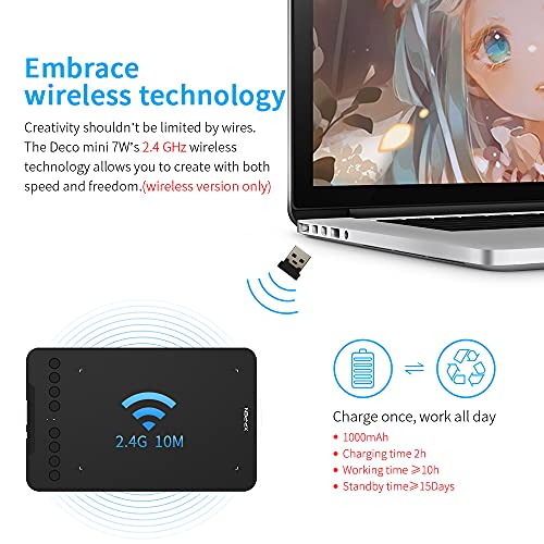 Wireless Drawing Tablet XPPen Deco mini7W Graphic Tablet Pen Tablet with 8192 Levels Pressure, 7 x 4 inch Artist Tablet for Online Teaching/E-Learning Compatible with Window/Mac/Android/Chrome/Linux - size: 7 Inch