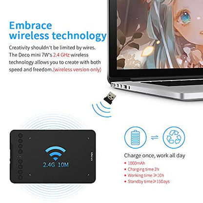Wireless Drawing Tablet XPPen Deco mini7W Graphic Tablet Pen Tablet with 8192 Levels Pressure, 7 x 4 inch Artist Tablet for Online Teaching/E-Learning Compatible with Window/Mac/Android/Chrome/Linux - size: 7 Inch