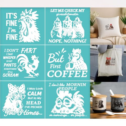 2 Sheets Chook Silk Screen Stencil, Humorous Chicken Reusable Stencils Templates Self-Adhesive Silk Screen Printing for Wall Border Wood Fabric Home Craft Decor - style: Chook