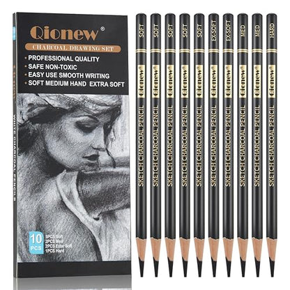 Qionew Professional Soft Medium and Hard Charcoal Pencils Drawing Set 10Pcs | Super Soft, Soft, Medium & Hard Charcoal Pencils for Drawing, Sketching, Shading, Beginners & Artists